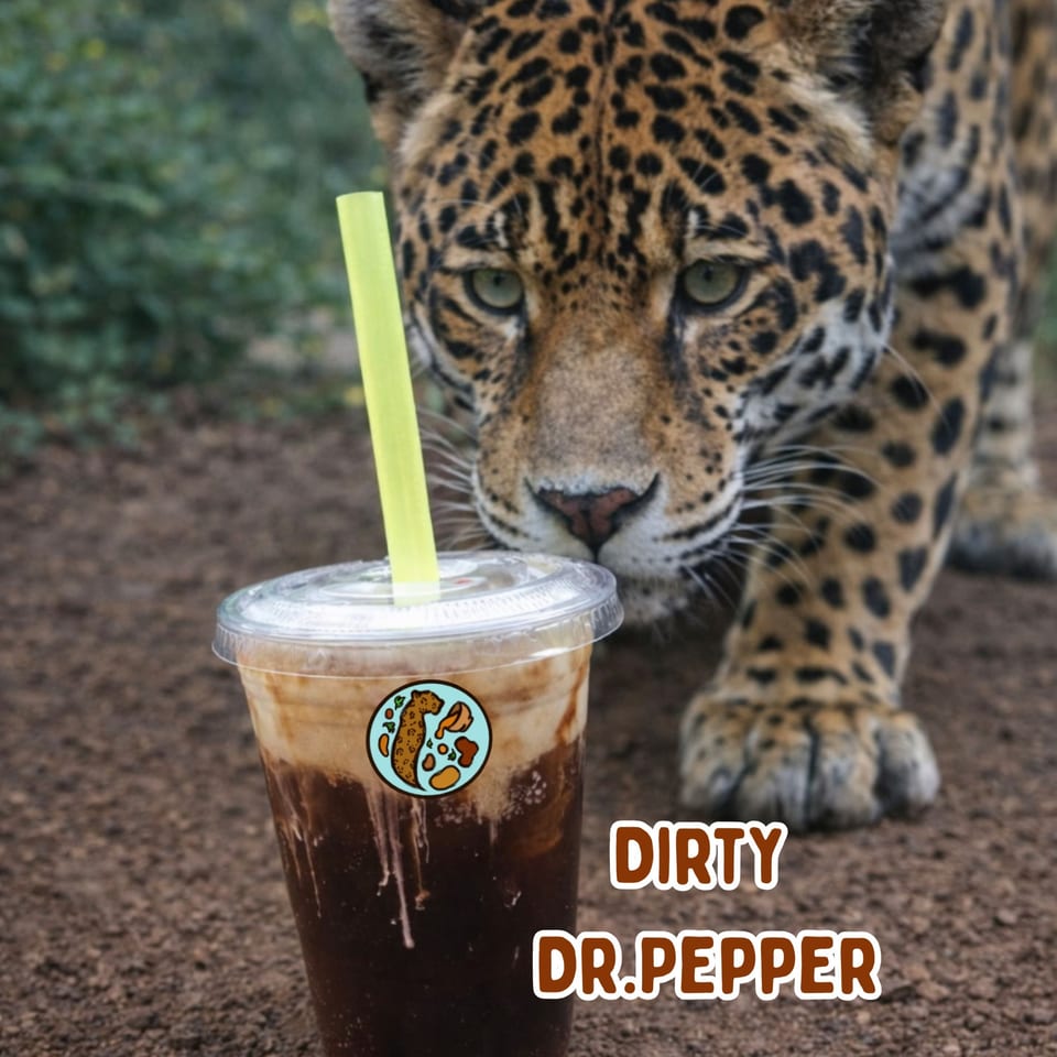 A jaguar peers over a Dirty Dr. Pepper drink with a neon green straw, on a dirt ground.