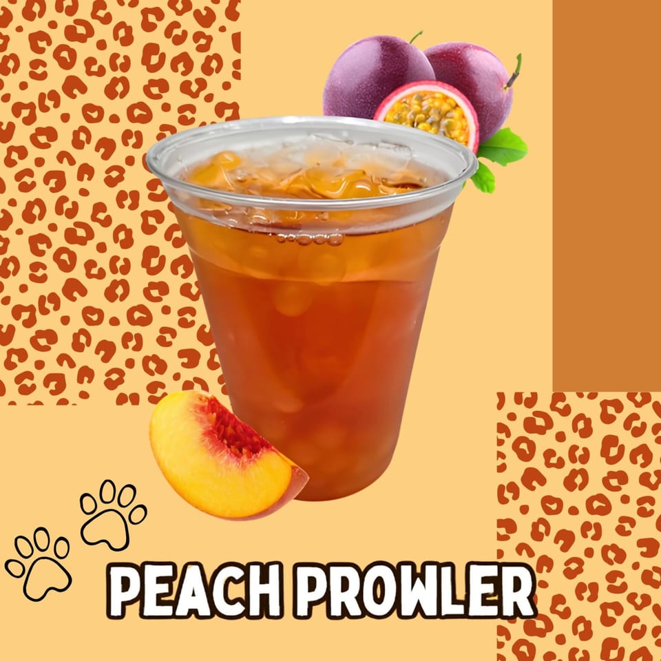 Iced tea with peach and passion fruit on a leopard print background with "Peach Prowler" text.