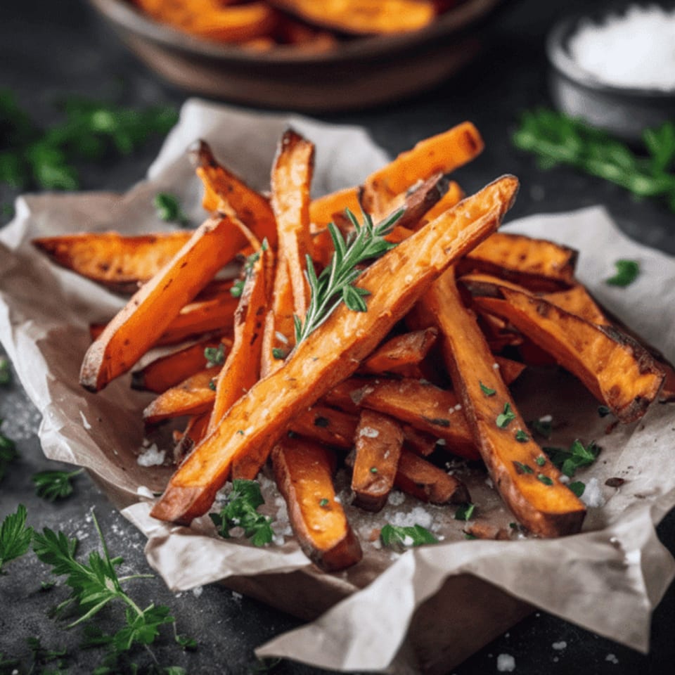 Sweet potato fries with rosemary and salt on parchment paper, a side dish at Jaguar's Spot.