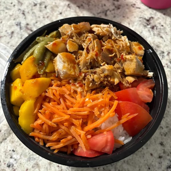 A colorful Jaguar's Spot bowl with chicken, green beans, mango, shredded carrots, and tomatoes over rice.