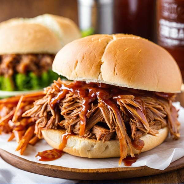 Two pulled pork sandwiches with barbecue sauce and fries on a wooden board.