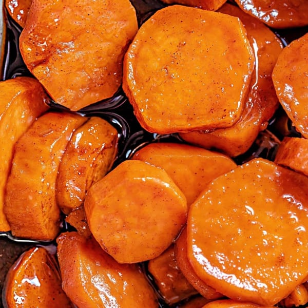 Close-up of candied sweet potatoes glistening in a dark, sweet syrup, sprinkled with spices.