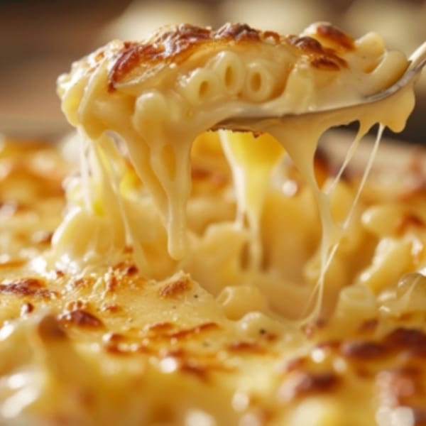 Close-up of a spoon lifting creamy, cheesy macaroni with browned topping, stretching cheese strands.
